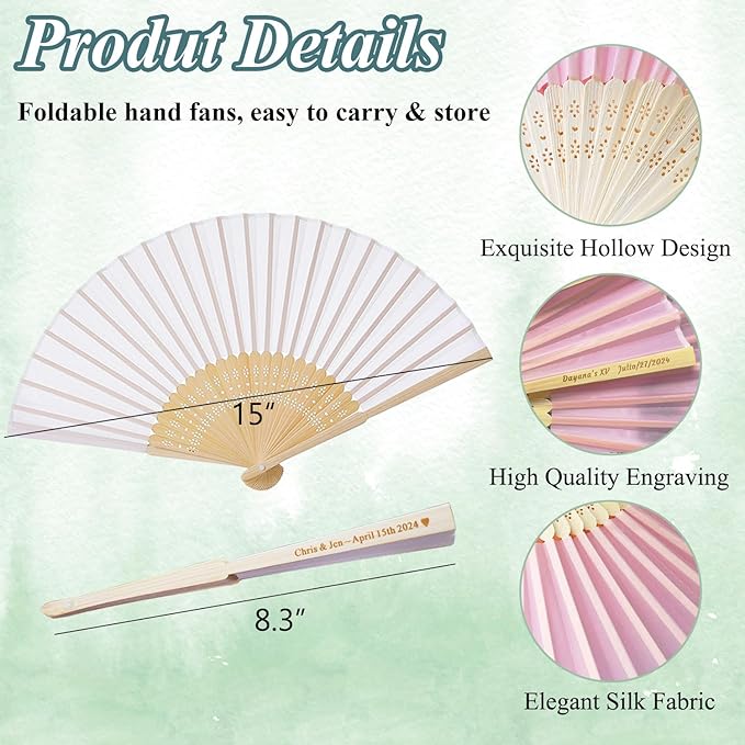 25 Sets Personalized Pink Hand Fans, Custom Engraved Folding Fans for Wedding Guests, Bamboo Folded Handheld Fan Wedding Fan Bridal Dancing Props Party Favors Bridal Shower Gifts