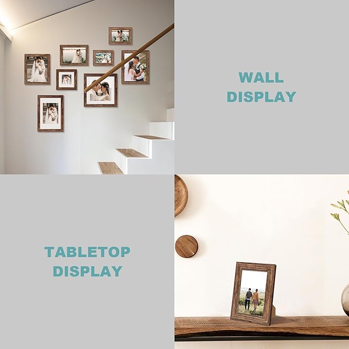 8x8 Picture Frame Set of 4 with HD Glass, Display 6x6 Pictures with Mat or 8 x 8 Without Mat, Rustic Wood Photo Frame for Wall Mount and Tabletop Display