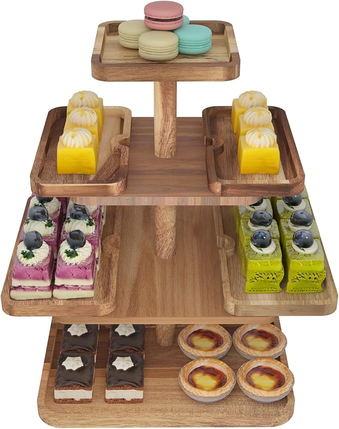 Acacia Wood 4 Tier Cupcake Stand with 4 Removable Snack Tray, Rustic Square Cup Cake Tower Stand for 50 Cupcakes, Display Cakestand for Wedding, Birthday, Serving Tea Party, Natural