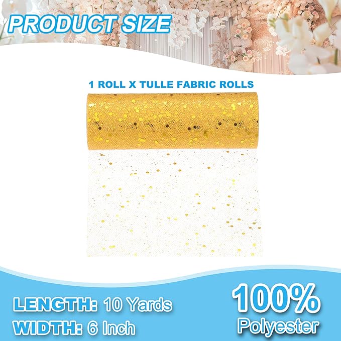 PATIKIL Tulle Fabric Rolls, 6 Inch by 10 Yards Fabric Spool Tulle Sparkling Ribbon Netting Sequin for DIY Tutu Skirts Crafts Wedding Party Decorations, Gold