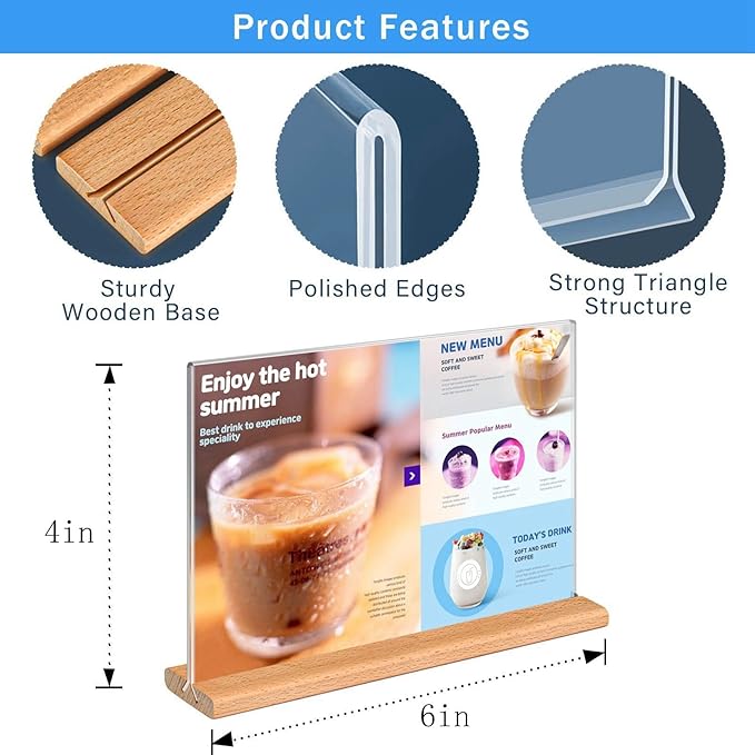 Kersally Acrylic Sign Holder 6 x 4, 6 Pack Double-Sided Clear Table Display Stands with Wood Base,Horizontal Acrylic Frame Menu Flyer Paper Holder for Store, Restaurant, Hotel, Office, Show Fair