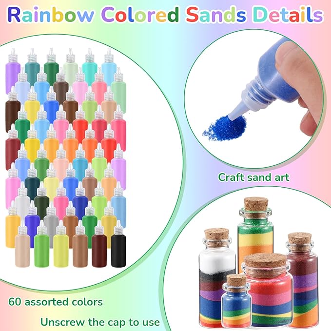 Wettarn 60 Pcs 1.25 oz Sand Art Bottle Kits 60 Colors of Sand and Bottle for Rangoli Art Painting DIY Drawing Favor Diwali Wedding Decoration Vase Glass Crafty Collection (Multicolor)