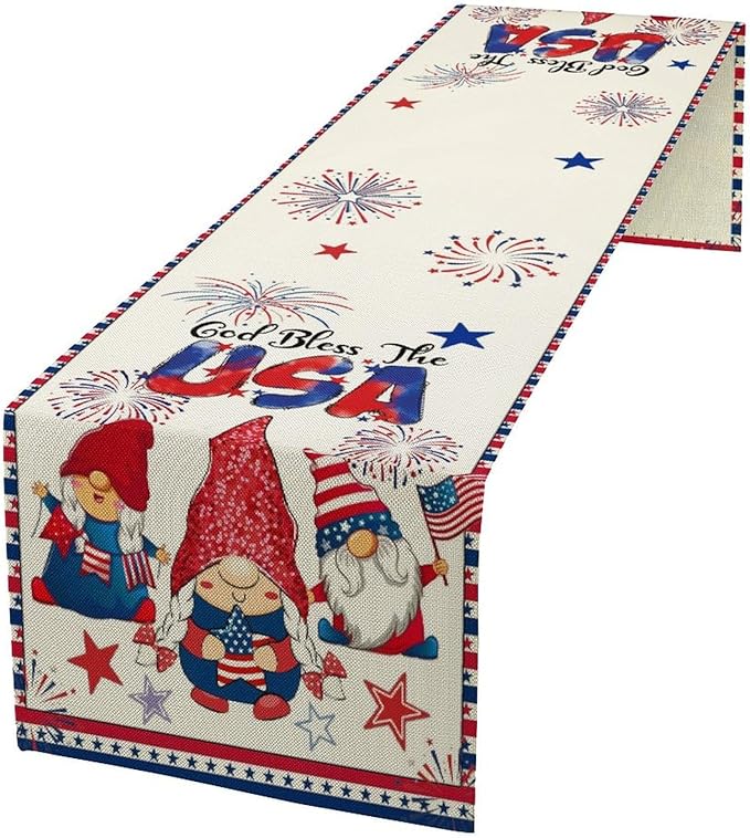 Cute Patriotic Gnomes Table Runner, American Independence Day 4th of July Gnome Blue Red Fireworks Confetti Print Table Runner for Home Kitchen Dining Table Party Decor, 13x90inch