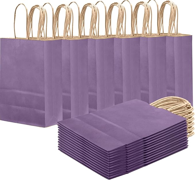 qiqee Grape Purple Gift Bag with Handles Bulk 24Pcs Paper Bags -8.3"x6"x3. 15" Party Favor Bags - Solid Color