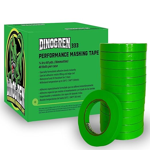 LAUCO DINOGREN High Performance Automotive Masking Tape – 0.75 Inch x 60 Yards (48 Rolls) – Green Tape for Car Paint, Body Shop Use, Heat & Water Resistant, Clean Removal, Multi-Surface Crepe Backed