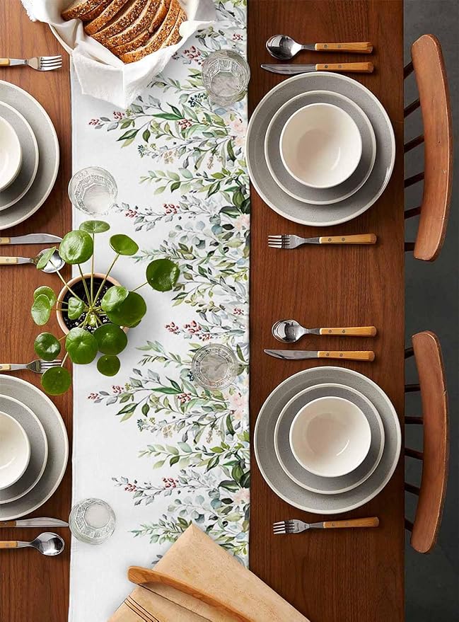 Botanical Eucalyptus Cotton Linen Table Runner for Dining Kitchen, Wedding Outdoor Party Tablerunners Decoration, Sage Green Leaves Elegant Floral Dresser Scarf Coffee Tablecloth Runners 13x48 Inches
