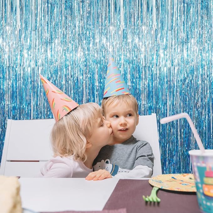 GOER 3.2 ft x 8.2 ft Metallic Tinsel Foil Fringe Curtains Party Photo Backdrop Party Streamers for Birthday,Graduation,New Year Eve Decorations Wedding Decor (Light Blue,5 pcs)