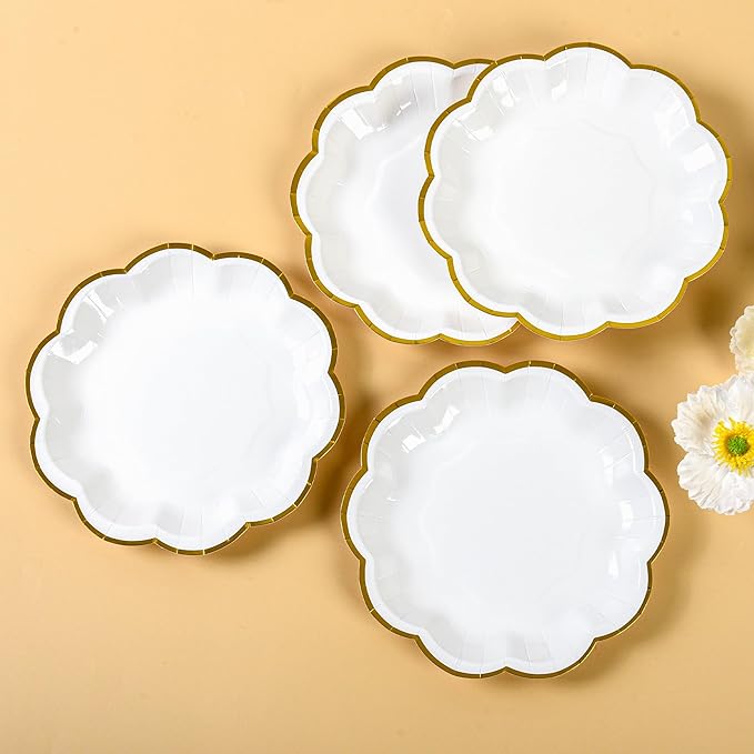White Golden Party Plates Gold Foil Dessert Paper Plate 7inch Scalloped Edge Disposable Cake Plates for Tea Party Birthday Bridal Baby Shower Wedding Party Supplies (24, White)
