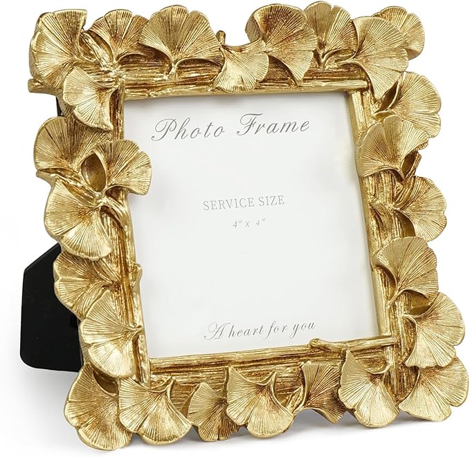 Cuspin 4x4 Picture Frame Small Gold Frames, Vintage Ornate Leaf Textured Hand-Crafted Resin with Glass Front, Antique Photo Frame for Tabletop Display, Retro Design Home Decor