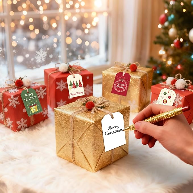 Christmas Gift Tags with String, 48 Pcs Christmas Hanging Tags Label Gold Foil Xmas Present Tag for DIY Xmas Holiday Present Wrapping Decorations, 6 Styles