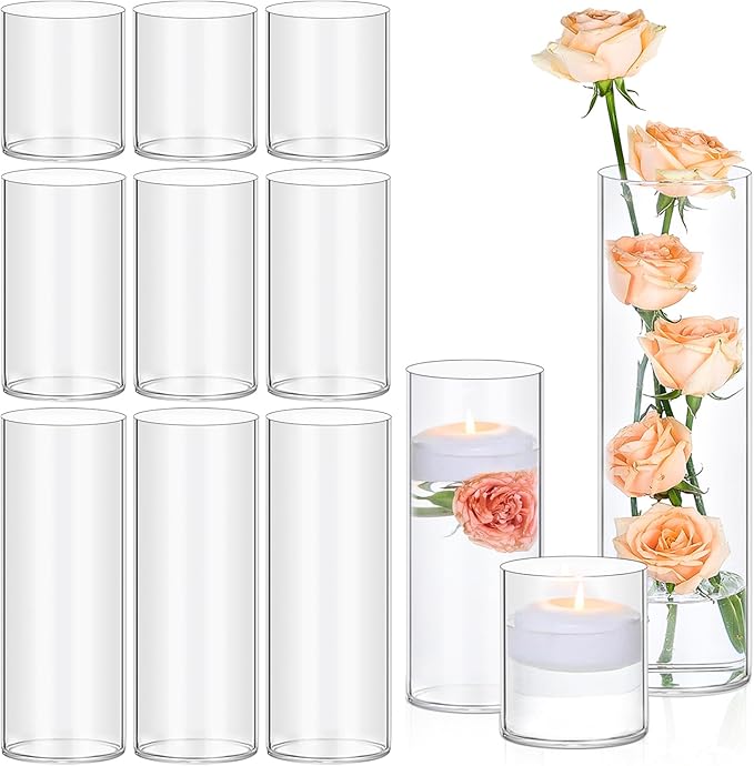 12 Pack Glass Cylinder Vases 4, 8, 12 Inch Tall Clear Vases for Centerpieces Wedding Decoration, Clear Glass Flower Vases Hurricane Floating Candle Holder for Party Table Home Decor