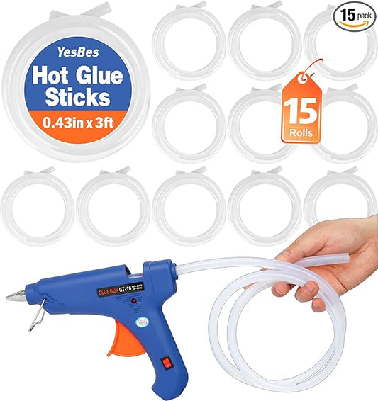 15 Rolls Hot Glue Sticks, Each Full Size 3 FT Long x 0.43" Diameter Glue Sticks for Glue Gun, Widely Used in Wood, Metal, Glass, Plastic, Floral, Fabric, and More