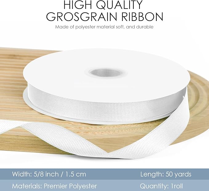 50 Yards 5/8 inch Grosgrain Ribbon, Solid Color Fabric Ribbon Perfect for Gift Wrapping, Wedding, Handmade Bows, Floral Bouquets and Party Decoration(White)