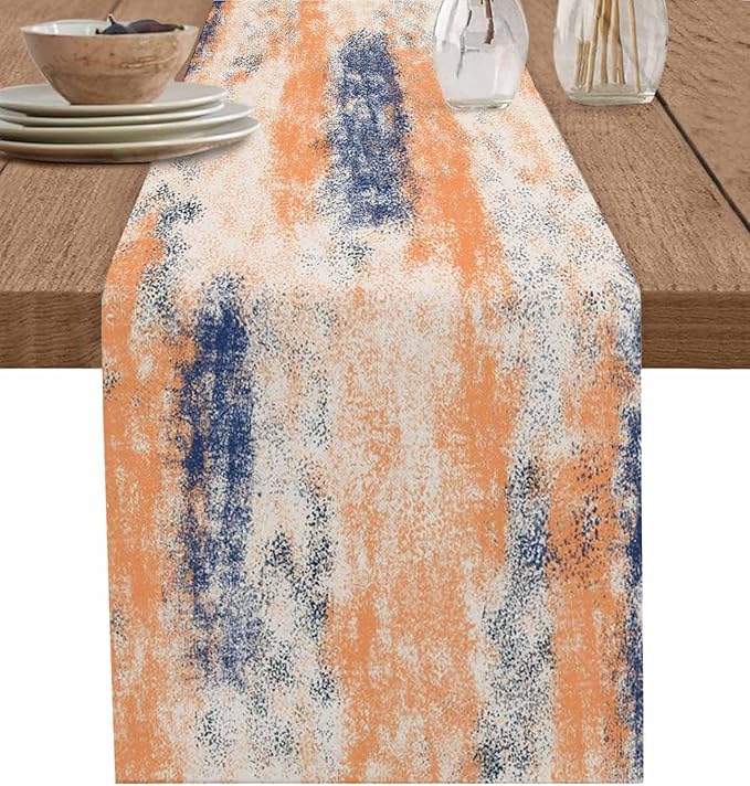 Vintage Oil Painted Cotton Linen Table Runner for Dining Kitchen, Wedding Outdoor Party Tablerunners Decoration, Abstract Modern Orange Minimalist Dresser Scarf Coffee Tablecloth Runners 13x72 Inches