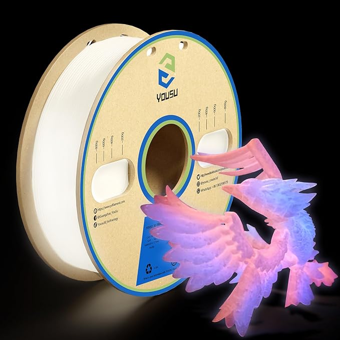 YOUSU Glow in The Dark Rainbow Luminous PLA Filament 1.75mm, 1kg 3D Printer Multicolor Filament Gradient, Color Change Filament with High Brightness, Fast Glow and Long Time Glowing.