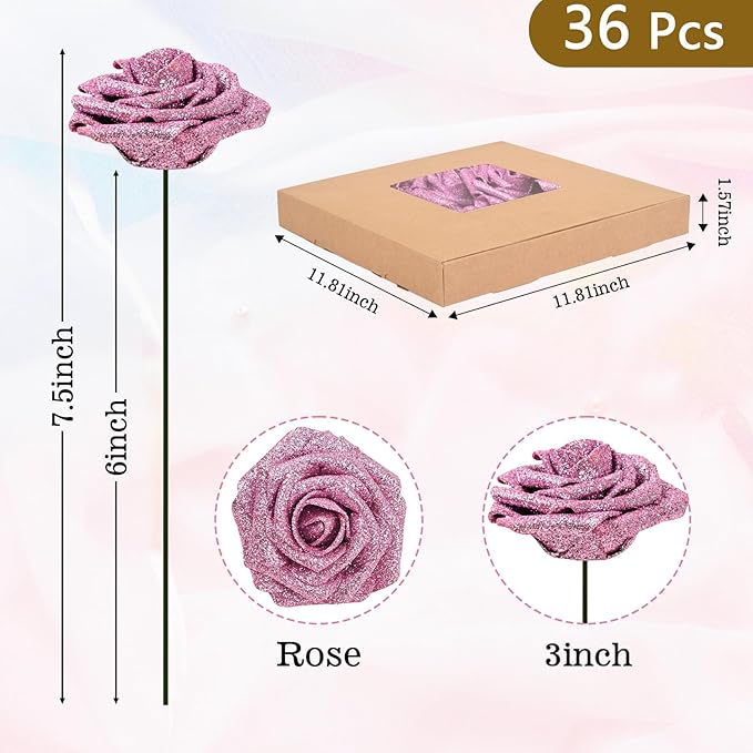 BLEUM CADE 36Pcs Artificial Flowers Fake Roses with Stems, Pink Glitter Boxed Foam Roses for DIY Bouquets Centerpieces Wedding Party Arrangement Bridal Shower Decor