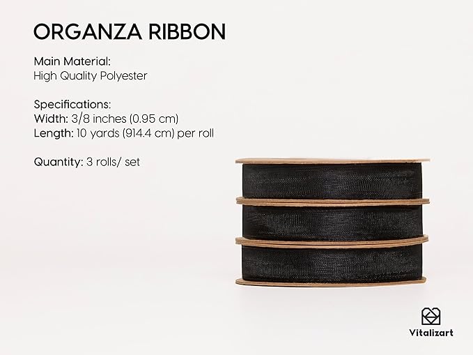 Vitalizart 3/8" x 30Yd Organza Ribbon Black Sheer Ribbons Set 10 Yd x 3 Rolls Handmade Eco-Friendly for Gift Wrapping Christmas Tree Crafts Bows Wedding Invitations Wreaths Wrap