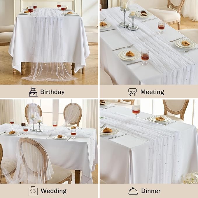Fanami 3 Pack Pearl Table Runner -10FT Ivory White Boho Tulle Table Runners 120 Inches Long Rustic Sheer Lace Fabric Centerpieces for Wedding Arch Birthday Party Bridal Veil Baby Shower Decorations