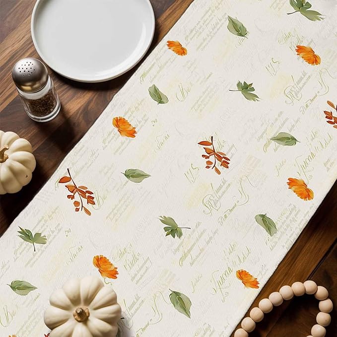Fall Wildflowers Cotton Linen Table Runner for Dining Kitchen, Thanksgiving Pumpkin Outdoor Party Rustic Tablerunners Decoration, Botanical Floral Vintage Dresser Scarf Tablecloth Runners 13x90 Inches