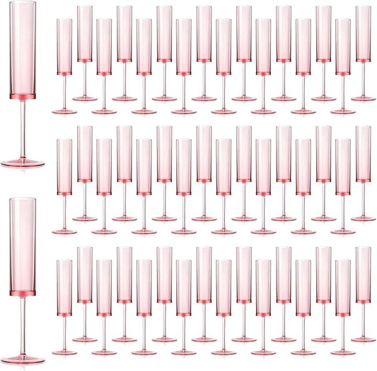 50 PCS Pink Champagne Flutes Plastic 5.4 OZ Clear Acrylic Champagne Flutes Sparkling Wine Glasses Wedding Table Decorations Reusable For Valentines Toasting Engagement Party Supplies (Pink, 50 Pack)