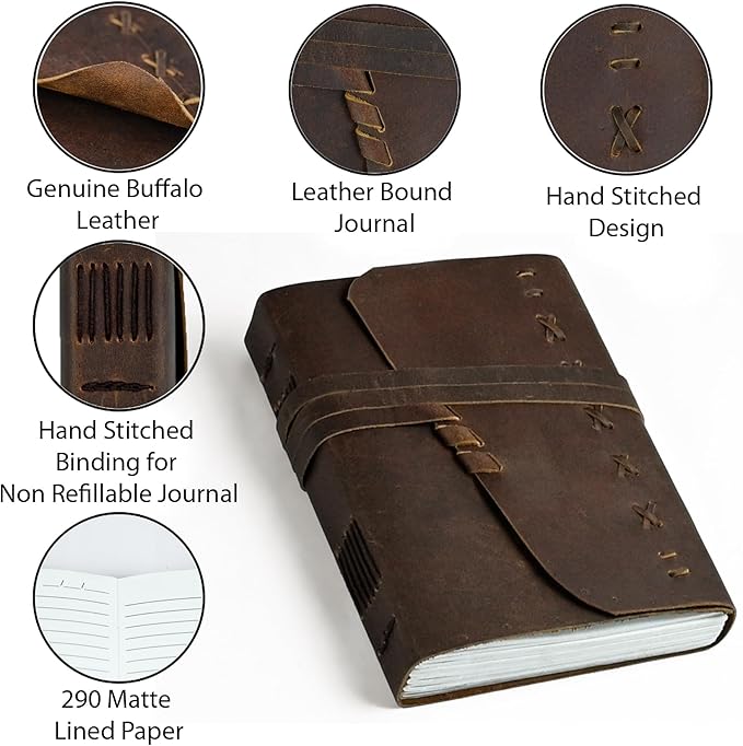 Leather Journal Notebook for Men & Women Daily Vintage Leather Bound Journal Travel Notebook 290 Lined Paper Diary Writing Journal Travelers Scrapbook Poetry Sketchbook Leather Gifts with Pen Holder