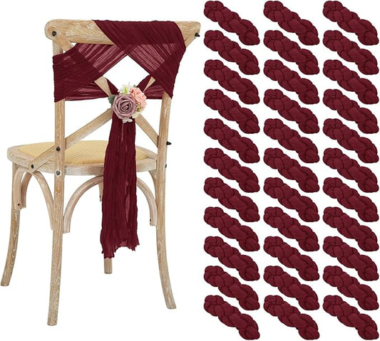50 PCS Cheesecloth Chair Sashes Bows Wedding Aisle Decorations Chair Ribbon Ties Back Sash for Wedding Party Events Banquet Chair Cover Decoration (Burgundy)