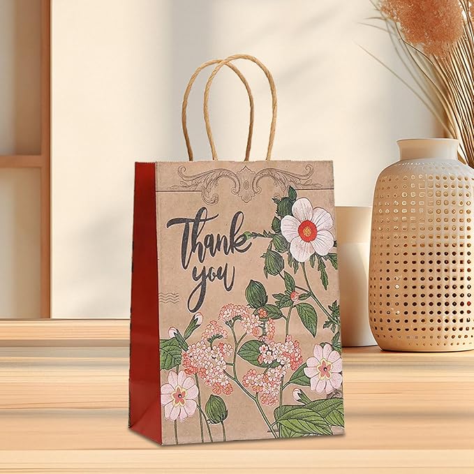piqiya 24pcs Vintage Floral Gift Bags,Thank You Kraft Paper Bags with Handles for Friend Teacher Mom,Colorful Flower Pattern Bag for Gifting,Birthday,Gratitude,Party Goody Treat Bag
