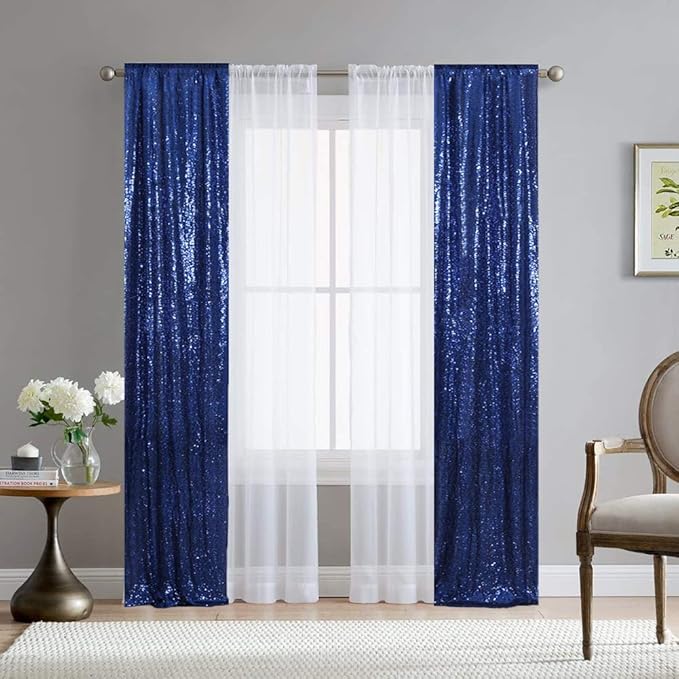 SquarePie Sequin Backdrop Curtain 2FT x 8FT Navy Blue 2pcs Curtain Background for Wedding Party