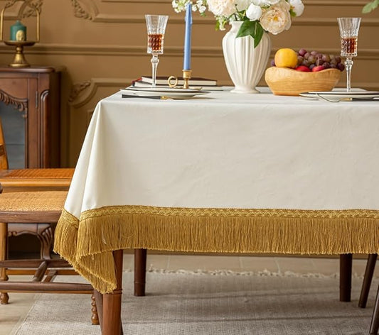F-CHU Luxury White Tablecloth Thickset Velvet Tablecloth with Beautiful Gold Tassels Vintage Table Cloth for Home Decor Wedding, Party, Banquet and Events 60x102-Inch