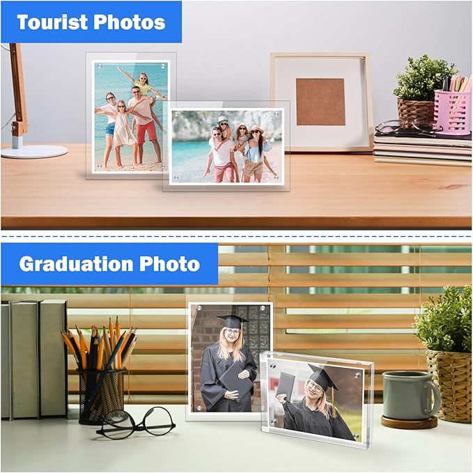 Small 4×4 Inches Acrylic Picture Frame,Clear Magnetic Picture Frame for Wedding,Double Sided Frameless Photo Frame for Desktop Free Standing,Display Stand Acrylic Frame