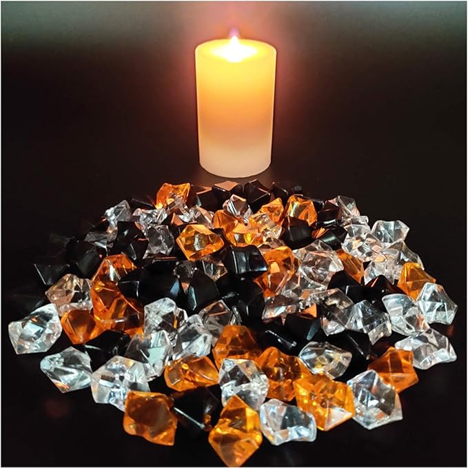 HappyFiller Halloween Decoration Acrylic Gems Fake Crystal Cubes Jewels Rocks for Vase Fillers, Centerpieces,Party Decor Ice Stones Table Scatter,Orange,Black and White,14 OZ