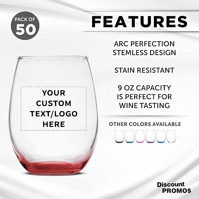 Custom Stemless Wine Glass 9 oz. Set of 50, Personalized Bulk Pack - Great for Wedding Favors, Bachelorette Party Decorations, Party Favors, Color Bottom - Red