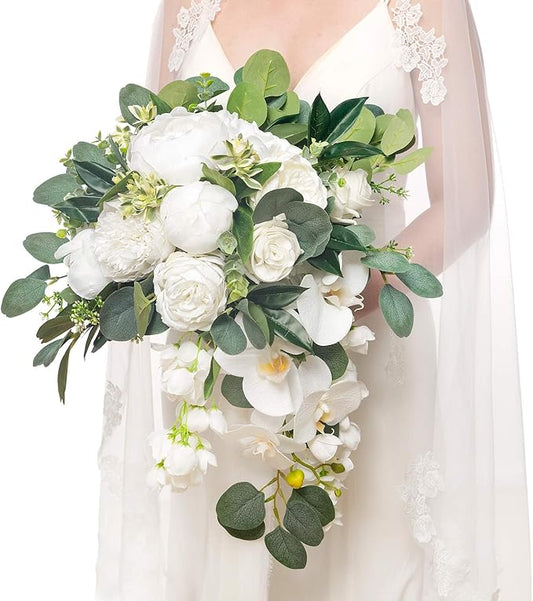 Ling's moment White Bridal Bouquet Cascading, White Wedding Bouquets for Bride, 13 Inch Ivory Bride Bouquets for Wedding Artificial Flowers Bouquets