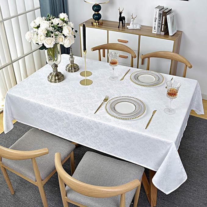 Rectangle Table Cloth - 52 x 70 Inch White Jacquard Tablecloths Damask Design Spillproof Wrinkle Resistant Shrinkproof Soft Tablecloth Polyester Oblong Table Cover for Kitchen Dinning Party Tabletop