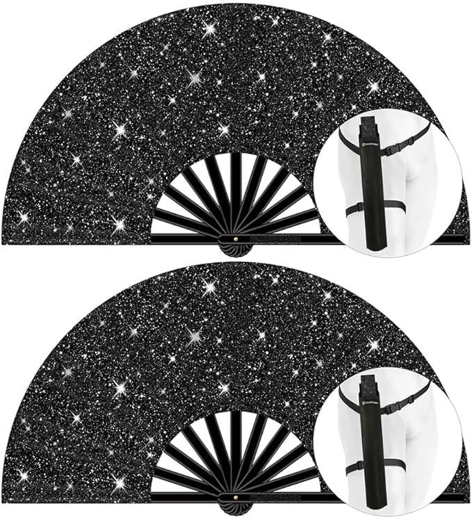 13" Large Folding Rave Fan with Holster, Clack Hand Fans Foldable for Line Dancing, Boots On The Ground Fan for Women Men Festival EDM Party Decoration, Glitter Black 2 Pack
