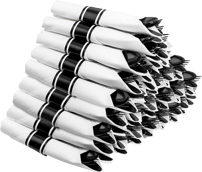 Supernal 60 Pack Hevy Duty Rolled Black Plastic Silverware,Pre Wrapped Cutlery with Napkins, Rolled Plastic Forks and Spoons, Black Disposable Silverware Suit for Party, Birthday