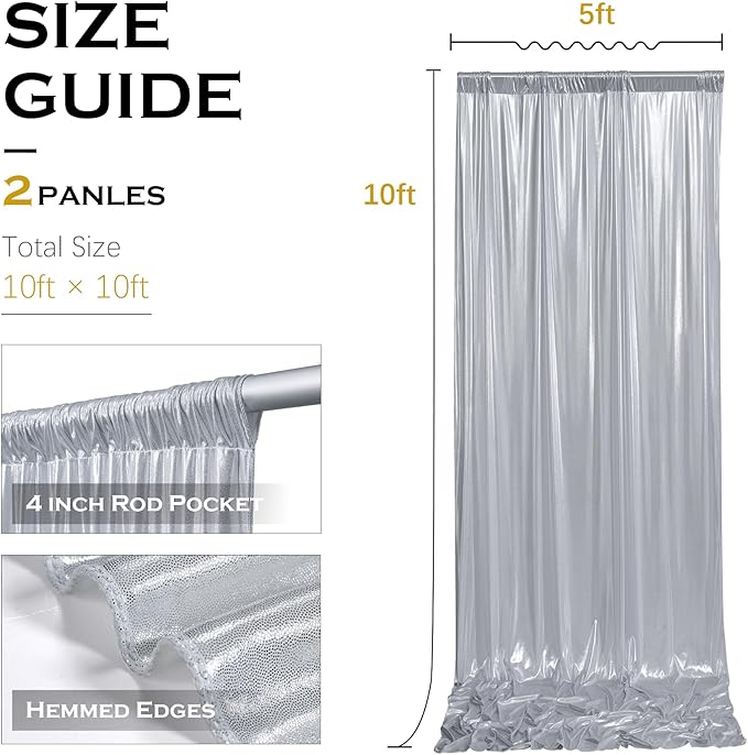 PartyVillage 10x10FT Metallic Silver Sequin Backdrop Curtain -2 Panels 5x10FT Wrinkle Free Shimmer Back Drop Cloth, Glitter Backdrop Drapes for Photography, Birthday, Wedding Background