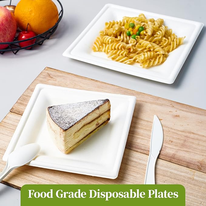 ECOLipak 150 Pieces Compostable Square Paper Plates, 10 inch Heavy Duty Disposable Plates, Eco-friendly Biodegradable Sugarcane Bagasse Plates for Party Dinner Birthday