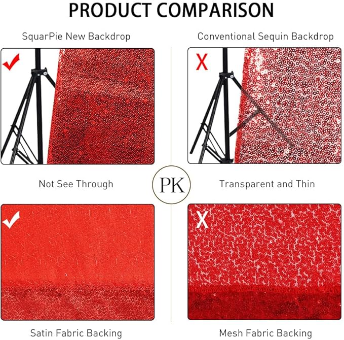 SquarePie Sequin Backdrop Curtain Less See Through Background for Wedding Christmas Party(8FT x 8FT, Red)