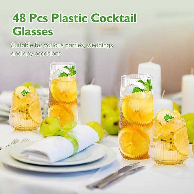 mwellewm 48 Pcs Plastic Wine Glasses Disposable Ribbed Cocktail Cups Set 9 OZ Stemless Champagne Flutes 12 OZ Origami Shatterproof Reusable Clear Party Cup for Wedding Home Office Bar Drinking