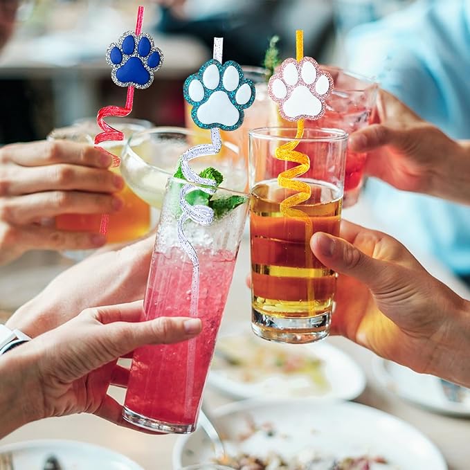 24 Glitter Paw Glitter Straws Birthday Party Decorations With 2pc Cleaning Brush for Pet Dog Puppy Pals Cat Birthday Party Decorations Supply Favors Reusable Straws