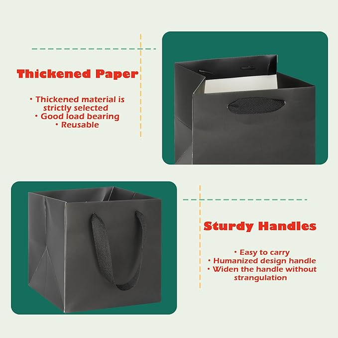 ADIDO EVA Black Square Gift Bags Medium Size Square Bottom Paper Bags with Handles for Party Favor, Shopping Bag (10x10x10 In, 10 CT)