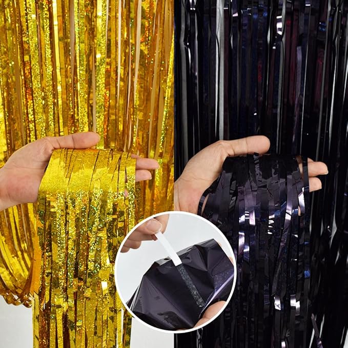 BEISHIDA 4 Pcs Black and Gold Party Streamers Fringe Foil Curtain Backdrop Tinsel Background Party Decoration for Door Wall Graduation Birthday Wedding Anniversary Christmas Party Decoration