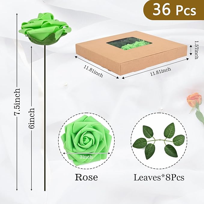 BLEUM CADE 36Pcs Artificial Flowers Fake Roses with Stems, Bright Green Boxed Foam Roses for DIY Bouquets Centerpieces Wedding Party Arrangement Bridal Shower Decor
