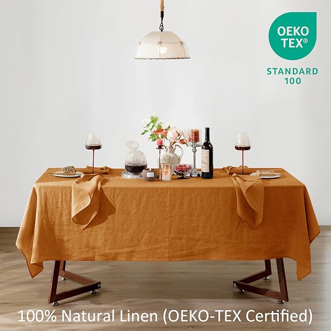 Talasily Linen Tablecloth 100% Pure Linen Table Cloth 60x108 Inches Rectangle Tablecloths Washable Cloths for Kitchen, Dining, Buffet Parties, Holidays, Picnic, Weddings and Restaurants-Caramel