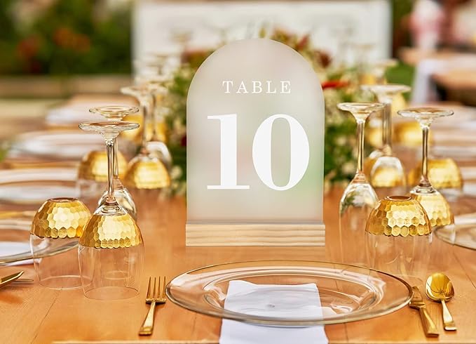 Wedding Table Numbers 1-20, Acrylic Arch Signs with Natural Wood Stands Holders, Rustic Table Decor for Reception & Parties (Frosted White)