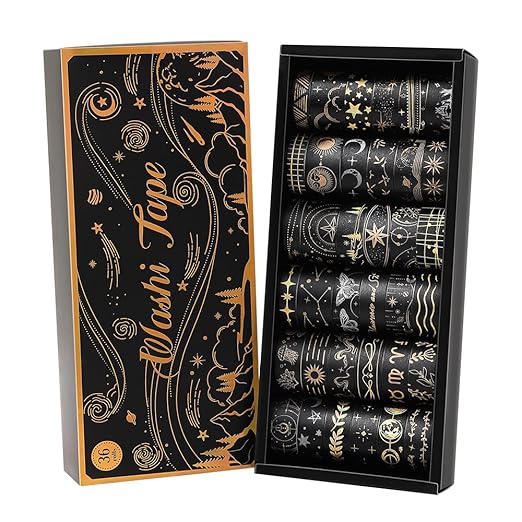 36 Rolls Glow-in-The-Dark Starry Washi Tape Set with Gold Foil Celestial Patterns - Writeable Decorative Tapes for Scrapbooking, Bible Journaling, Bullet Journals 0.6" x 79" per Roll