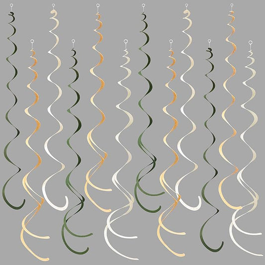 36Pcs Sage Green Hanging Swirl Decoration Olive Green Tan Brown Cream Neutral Felt Swirl Streamer Spiral Ceiling Garland for Greenery Safari Jungle Woodland Birthday Baby Shower Wedding Party Supplies