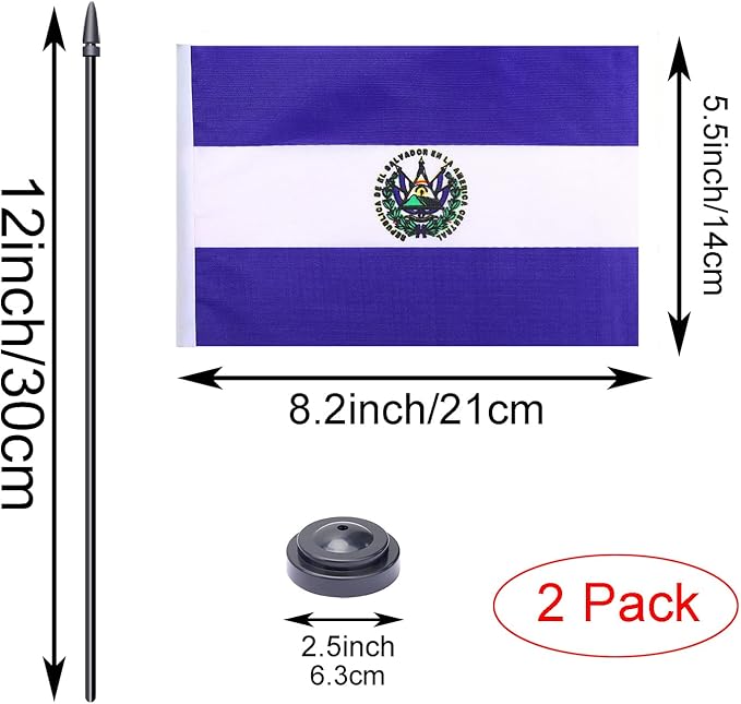 WXTWK 2 Pack Salvador Flag Salvador Deluxe Desk Flag Set - Mini Small El Salvador Table Office Flags with Black 12" Solid Pole Stand Base Classroom Meeting Desktop Decorations
