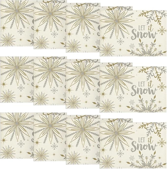 Artoid Mode Beige Snowflake Let It Snow Winter Placemats Set of 12, 12x18 Inch Seasonal Christmas Table Mats for Party Kitchen Dining Decoration